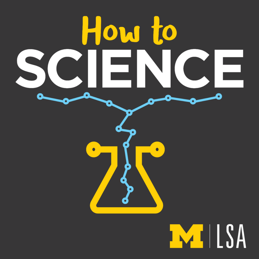Logo for the "How to Science" podcast: a stylized flask with a blue chain exploding out the top, on a black background covered with faded sketches of science symbols