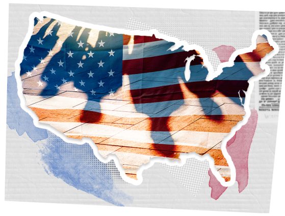 A map of the continental United States with the shadowed silhouettes of four figures' heads and shoulders. A water color treatment of red and blue are at the map's periphery, and a column of blurred text is positioned in the upper right hand corner.