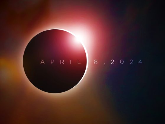 A solar eclipse. Text on the image says “April 8, 2024”