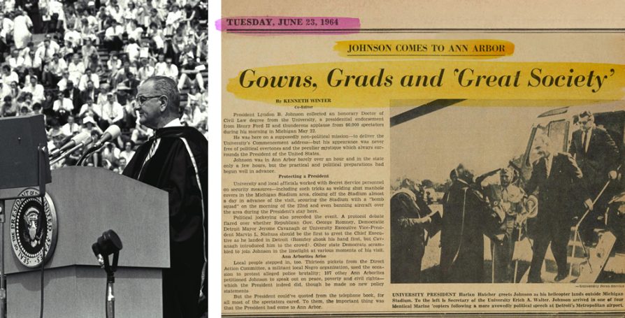 two images side by side. The left image shows President Johnson speaking at commencement, in academic dress. The right half is a headline: Johnson Accepts Request to Address 'U' Graduation. It goes onto say that he will be the first president at a U-M commencement.