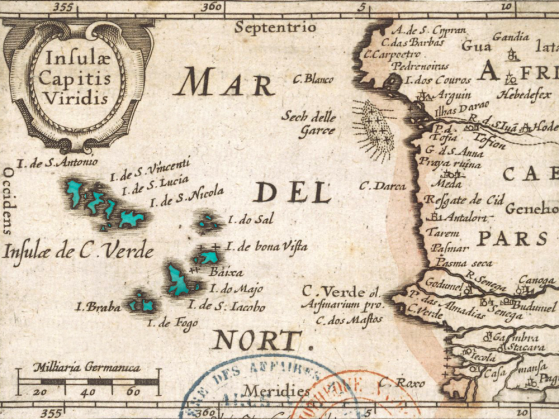 A thumbnail of an old map that details Cape Verde and shows the areas that were colonized.