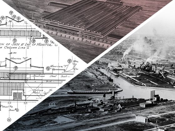 A composite of three triangular images. Clockwise, from top a close-up segment of a sepia-toned drawing of roof beams; a black-and-white aerial photograph of the River Rouge factory; a detail of an architectural drawing.