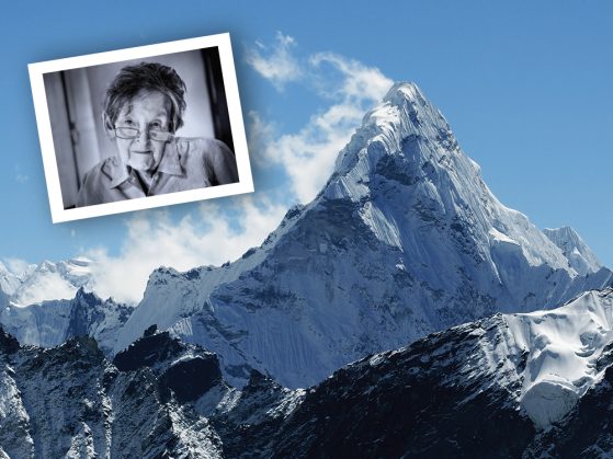 A photograph of Mount Everest with inset of Elizabeth Hawley