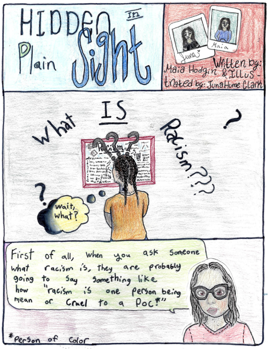 Panels drawn with colored pencil. Hidden in Plain Sight is in the upper left; author illustrations are in the upper left. Middle panel says What IS Racism, and shows a girl from behind reading something on a wall. The bottom panel has an illustration of a girl wearing glasses and a dialogue bubble.