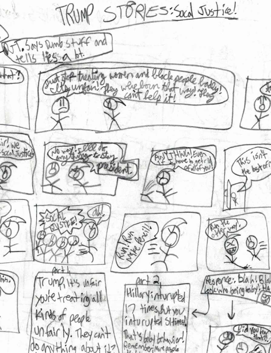Panels drawn in pencil feature stick figures and dialogue bubbles. Trump Stories: Social Justice! is written and underlined at the top