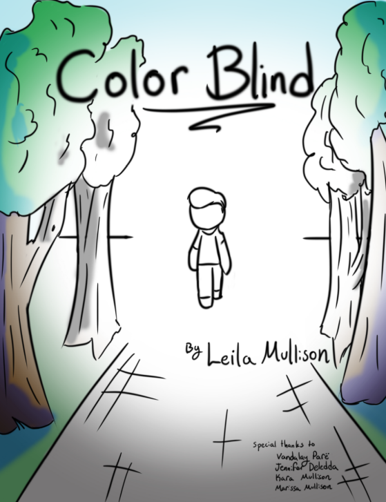 A sketch of a child walking on a sidewalk that leads into trees, as in a park. The center of the image is black and white, and shifts into color at the edges.