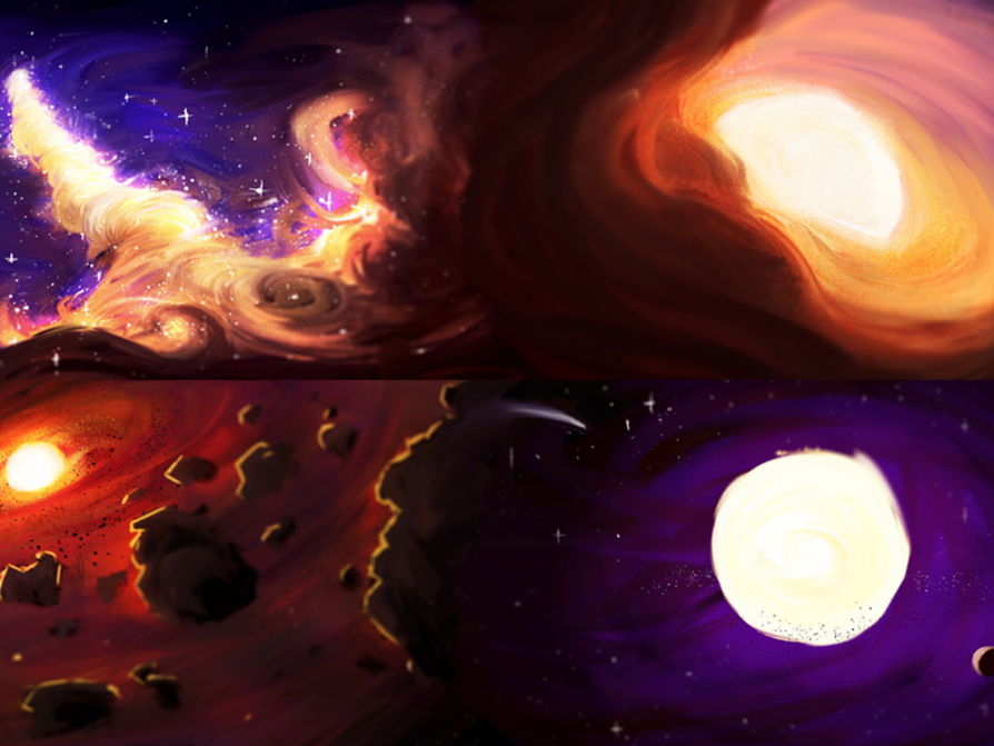 four portraits of stars in different states of evolution; the top left has a billowing orange cloud under a blue, starlit sky; the top right is a glance down an orange tunnel with a bright white circle at its center; bottom right is a white circle surrounded by dark purple, which is surrounded by black; and the bottom left has a red and black surface that is pocked by black craters