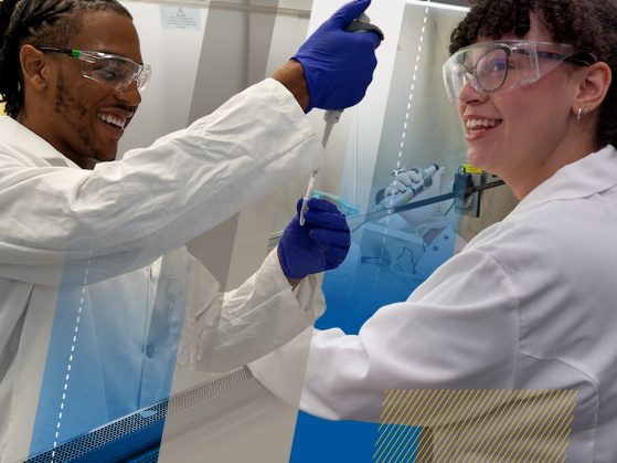 Jalen Smith (left) and Sydney Richardson (right) perform work in a lab, each facing the center of the stylized image.