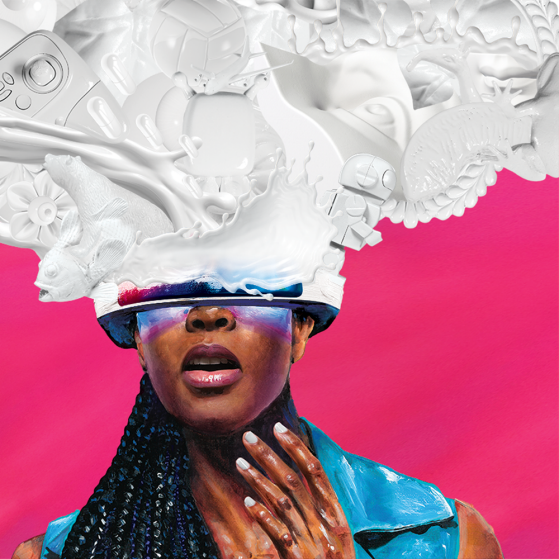 A woman wearing virtual reality glasses that appear to open her vision to a florid, intricate visual world.