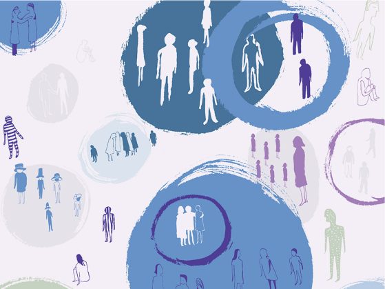 Illustration of people having conversations. The people are different sizes and colors -- purple, green with white dots. Some are sitting. Some are standing. Some are enclosed within a circle. Some are not.