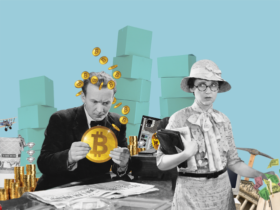 A man holding onto a giant gold coin stamped with a B while a woman wearing a hat and flowery shirt eyes him warily.