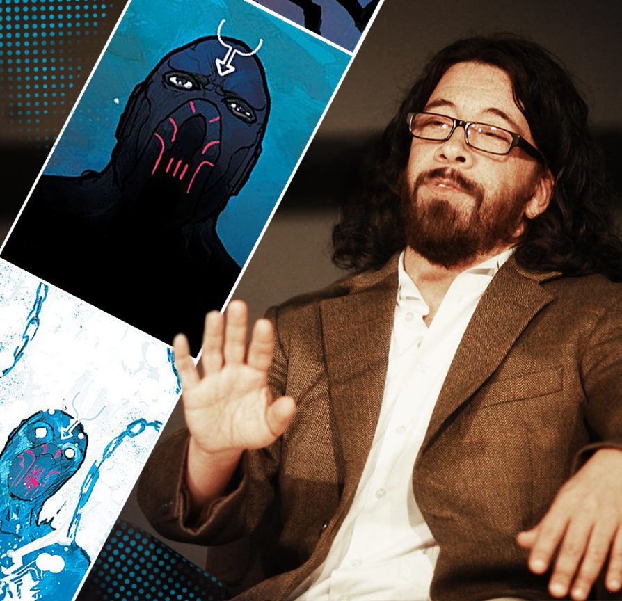 Ahmed Saladin sitting next to an illustration of Black Bolt, which was drawn by Christian Ward. The creature is blue and has a fork-like antenna worn upon his forehead that helps Black Bolt control his power. Saladin is sitting on a stage and holding his hand out.