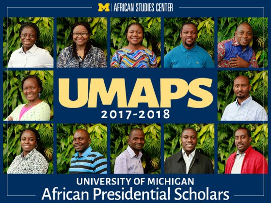 Thumbnail photographs of the 12 U-M African Presidential Scholars arranged in a grid. In the center, text says UMAPS 2017-2018