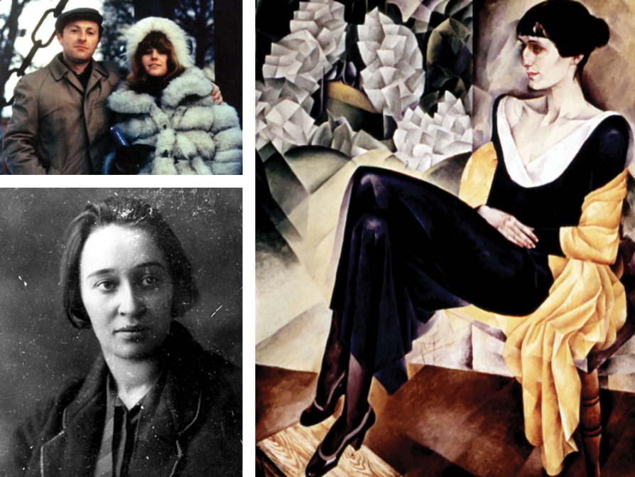 A composite of three images. One is a photograph of Joseph Brodsky and Ellendea Proffer Teasley. Another is a painting of Anna Akhmatova sitting in a chair, wearing a long back dress with a gold wrap draped around her. She is painted sitting on a chair. The final image is a black-and-white photograph of Nadezhda Mandelstam looking to her left. The top right corner of the photograph is worn with age.