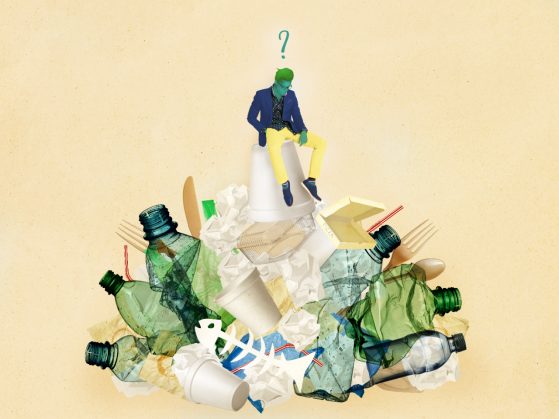 An illustration of a man sitting atop a heap of trash and recycling -- plastic bottles, fish skeletons, forks, and crumpled papers. The man is looking down at the heap, and there is a question mark over his head.
