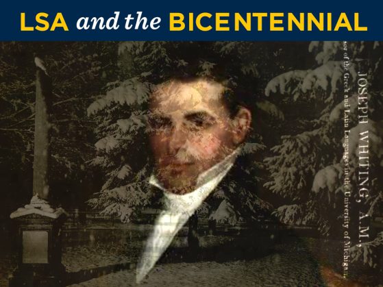 A portrait of Professor Joseph Whiting flagged as U-M bicentennial
