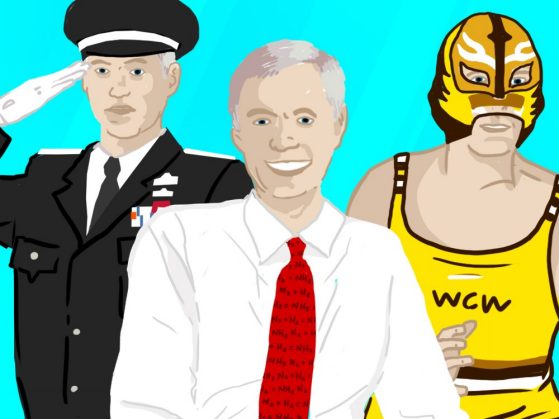 An illustration of three men. The figure on the right is dressed in a military uniform, wearing pins and a hat and saluting. The middle is a man wearing a white shirt and a red tie and smiling. The third is a wrestler dressed in a yellow and brown tank that says WCW. He's also wearing a mask.
