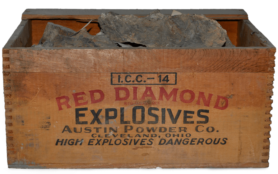 Originally containing dynamite or other explosives, this box from the Cleveland-based Austin Powder Co. held fossils from a dig that occurred sometime in the 1930s or 1940s.