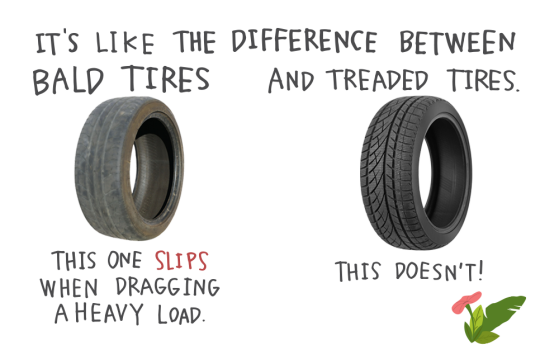 It’s like the difference between bald tires and treaded tires. A bald tire slips when dragging a heavy load. A treaded tire doesn’t!