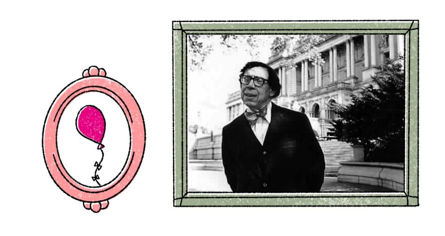 Two images: the left is an illustration of a balloon surrounded by an oval frame; the right is a photograph of Robert Hayden with his hands clasped behind his back and Angell Hall behind him.