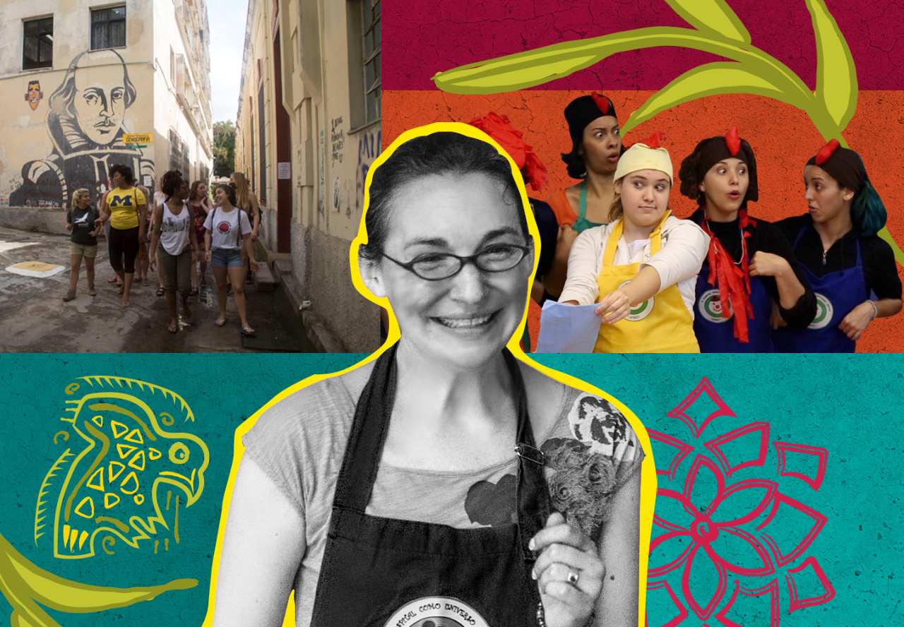 In front of a collaged, colorful background, are three photographs. On the left, a group of Professor Ashley Lucas's students walk the streets of Brazil. In the center, Lucas smiles in black and white. On the right, Lucas's students engage in a theatrical performance. 