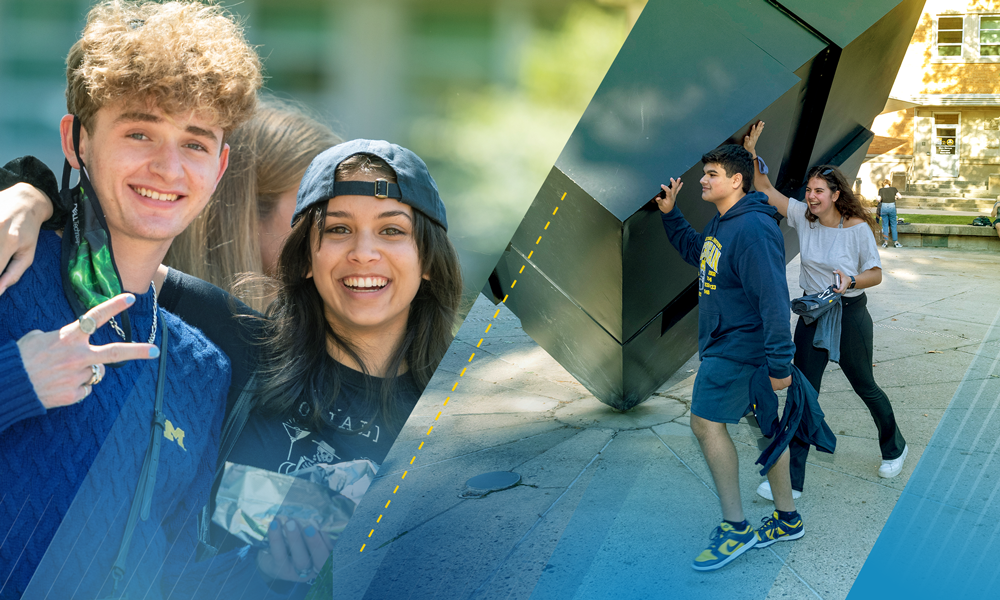 A composite of two photos shows two students with their arms around each other, one wearing a Block M sweater; and two students spinning the Cube outside the LSA Building on a sunny day. 