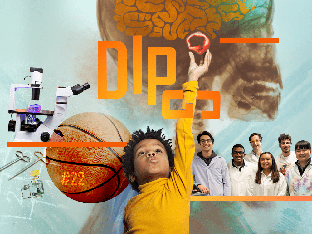 A photo collage includes images of surgical scissors, a microscope, a hopscotch game, a basketball with the number 22 on it, letters “DIPG,” a child reaching up, and an X-ray of a brain tumor.