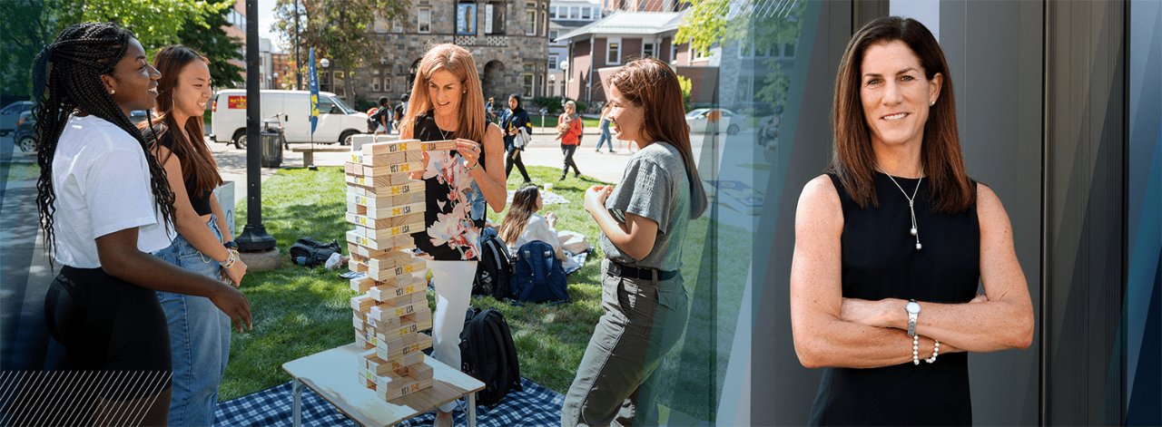 In this composite image, LSA Dean Anne Curzan plays the giant Jenga block game, branded with the LSA logo, with three students who are pictured in profile at a welcome-back event in August 2022; and LSA Dean Anne Curzan in a posed portrait outside the University of Michigan Museum of Art.