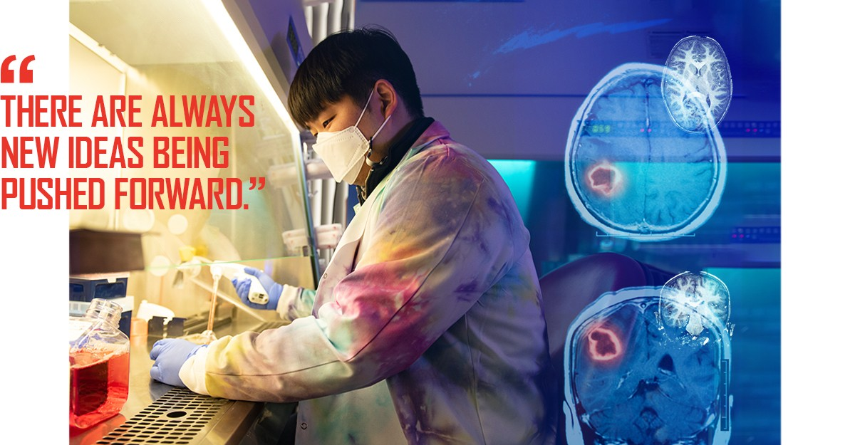A photo collage includes a masked biology student wearing a tie-dyed lab coat and working in a medical laboratory, as well as two X-rays of brain tumors. A quotation says, "There are always new ideas being pushed forward."