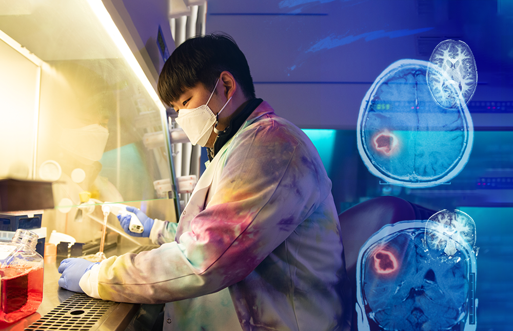 A photo collage includes a masked biology student wearing a tie-dyed lab coat and working in a medical laboratory, as well as two X-rays of brain tumors.