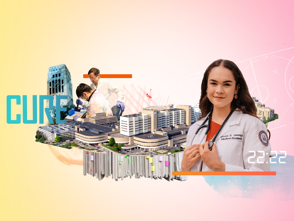 A photo collage features images of Burton Tower and the medical campus of the University of Michigan, the word “cure,” a student and cancer researcher collaborating in a lab, an aerial view of a child, a hand-drawn basketball court, and a medical student wearing a white coat and stethoscope.