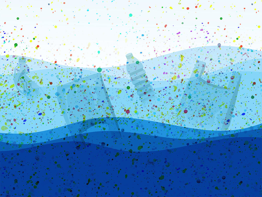 A wave illustration is made of a blue gradient, from light blue at the top to dark blue at the bottom. Plastic items, including bottles and bags, are in the wave with small, jagged specks of different colors overlaid atop to represent the microplastic pollution we don’t see that these items create.