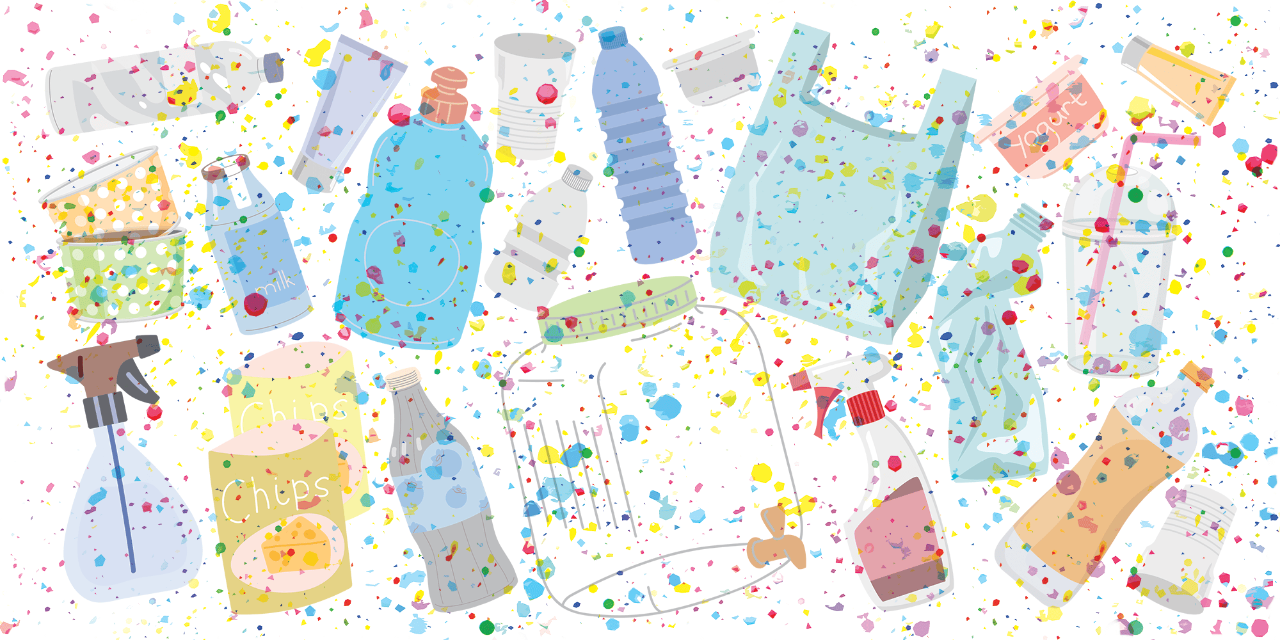 An illustration of various plastic items, including water bottles, plastic grocery bags, chip bags, and other plastic containers of differing sizes and colors are drawn scattered together against a white background. Small, jagged specks of different colors overlay the image to represent the microplastic pollution we don’t see that these items create. The plastic items are large and spread horizontally across the page.