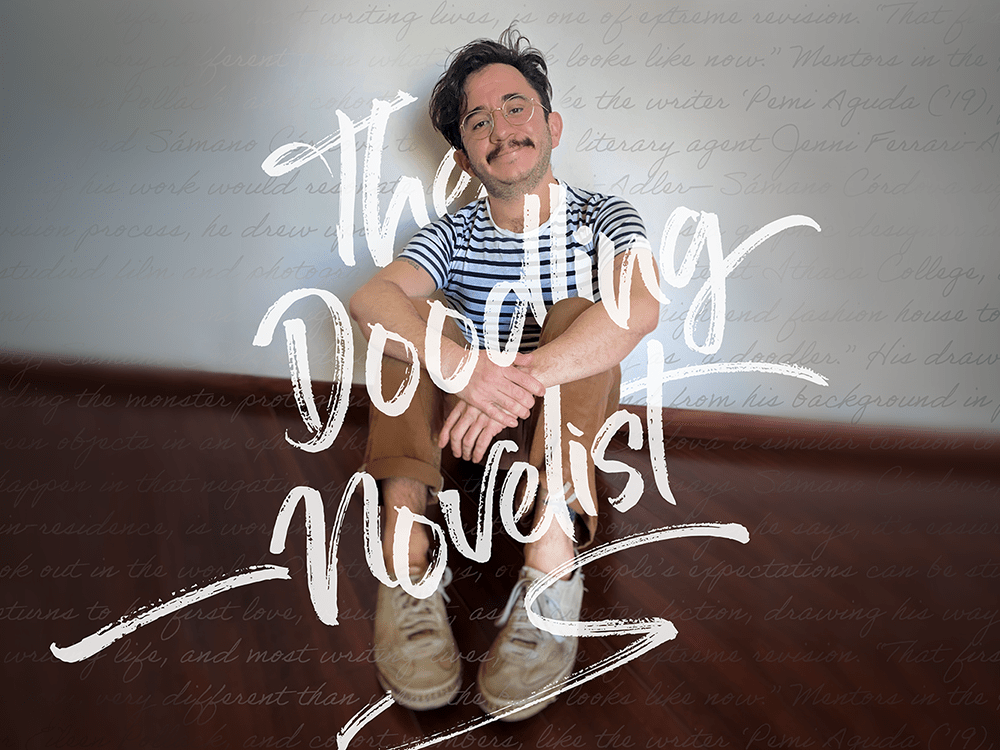 Gerardo Sámano Córdova, a man wearing glasses, a striped shirt, and a mustache, sits comfortably on a floor in front of a gray background, on which words are written in cursive. The words “The Doodling Novelist” are centered and written in white.