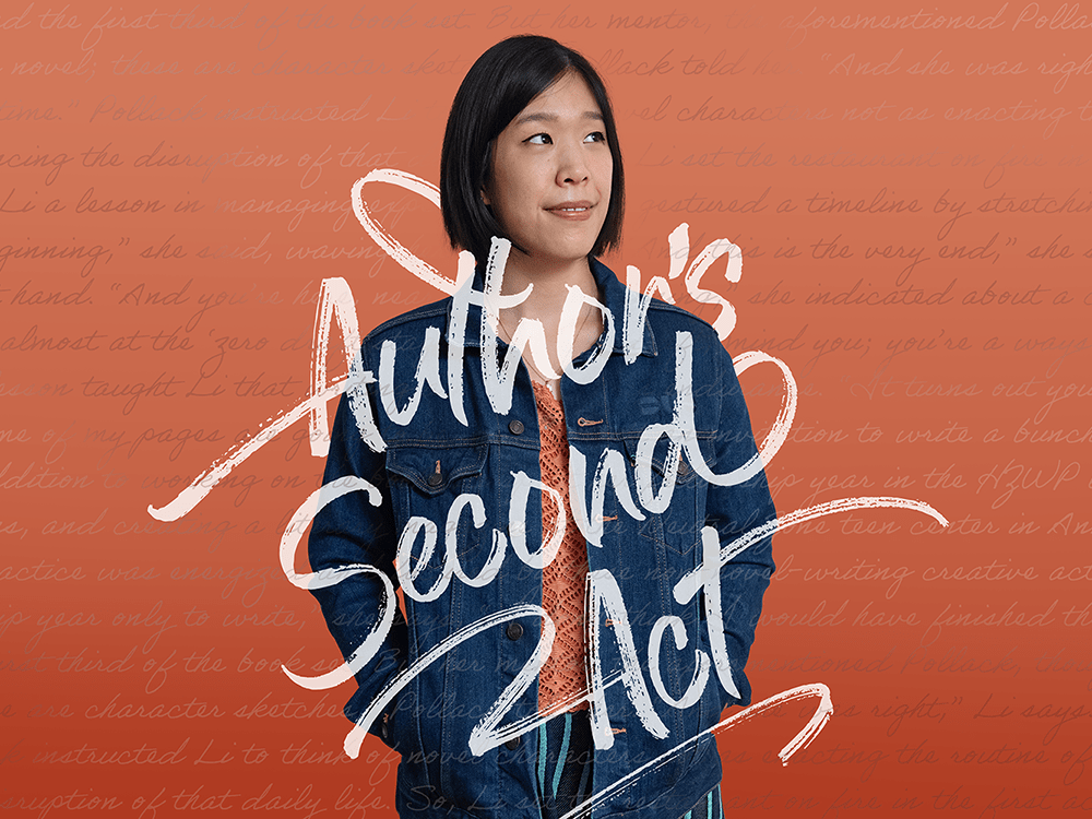 Lillian Li wears a denim jacket and stands in front of an orange background, on which words are written in cursive. The words “Author’s Second Act” are centered, and  written in white.