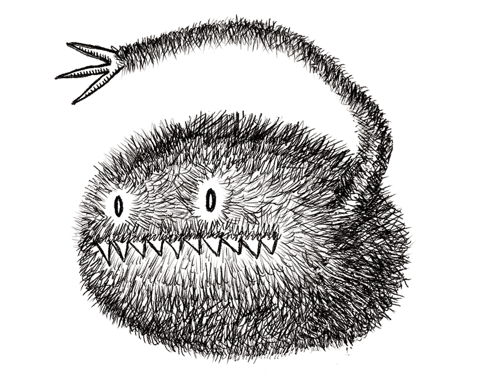 A black and white drawing of a fuzzy little monster with a long curved tail.