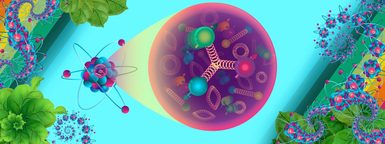 Illustration showing inside of a proton with a quote from Professor Christine Aidala that reads, “Desire for knowledge is part of what makes us human.