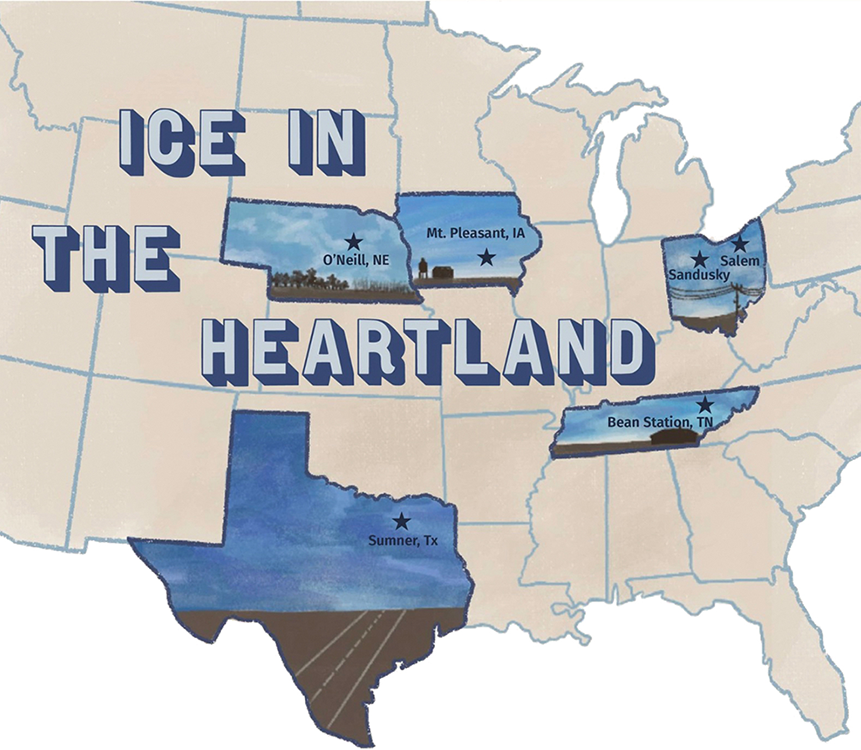 An illustration of a map of the United States, on which six heartland cities are starred. Across the center of the illustration are the words “ICE in the Heartland.”