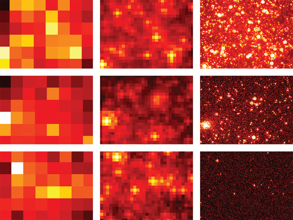 A nine-image grid depicts a comparison of how crowded stellar fields would appear when observed by the Hubble Space Telescope (left three images going down), the James Webb Space Telescope (center three images going down), and the Extremely Large Telescope (right three images going down), for three different stellar densities. The Hubble Space Telescope images show highly pixelated red, orange, and yellow squares. The James Webb Space Telescope images show clearer, less pixelated red, orange, and yellow squares. The Extremely Large Telescope shows the most clear, less pixelated red, orange, and yellow squares, appearing now more like bright stars in a dark galaxy.