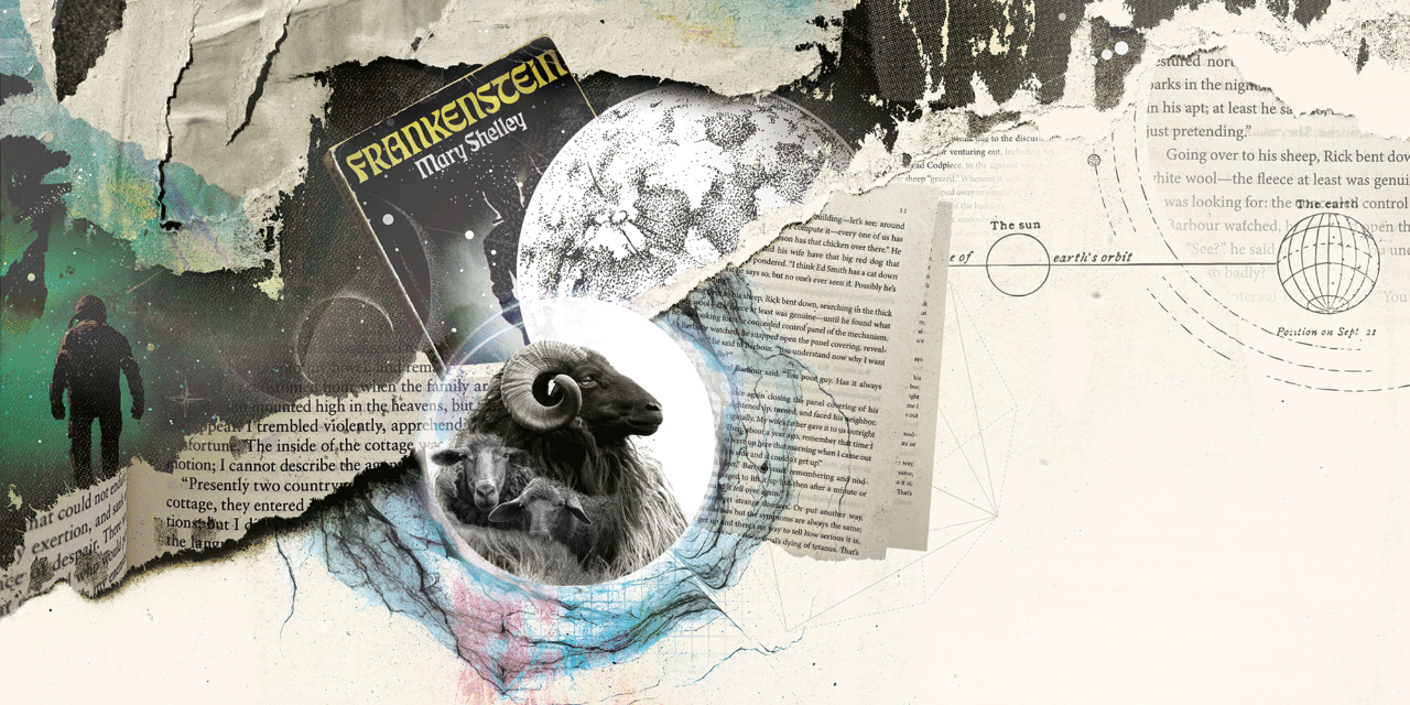An artistic collage includes pages torn from Philip K. Dick’s novel Do Androids Dream of Electric Sheep? as well as the cover of the book Frankenstein by Mary Shelley, an astronaut, and a black-and-white image of a ram and two sheep.