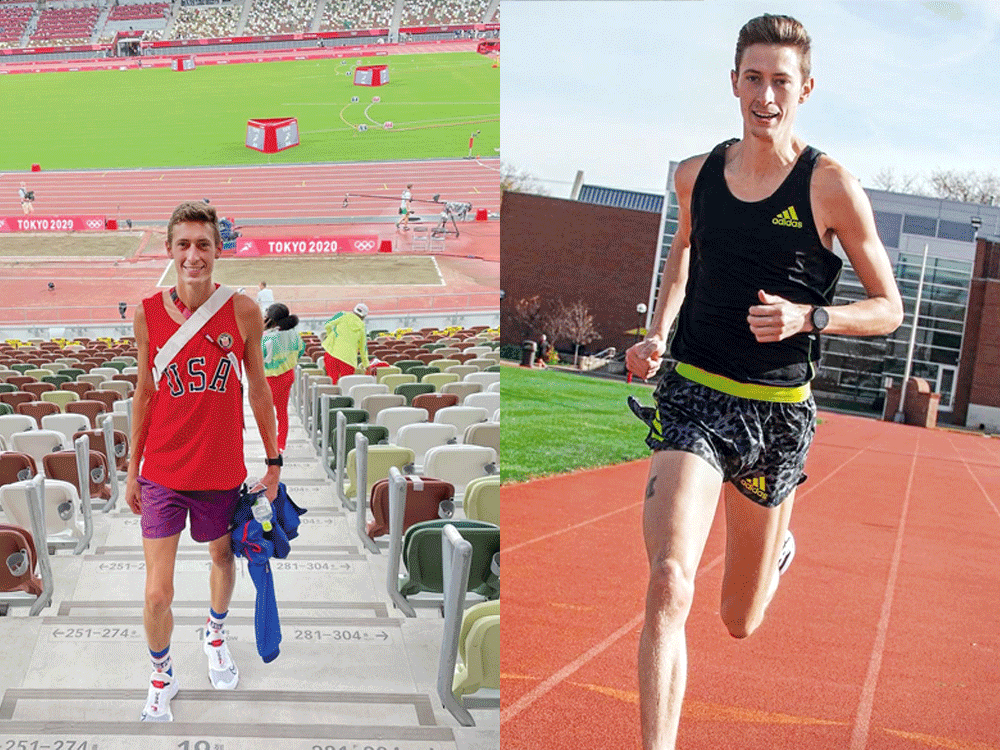 Split image showing Ph.D. student Mason Ferlic at the 2020 Tokyo Olympics next to an image of Mason Ferlic training for the steeplechase at the U-M track 