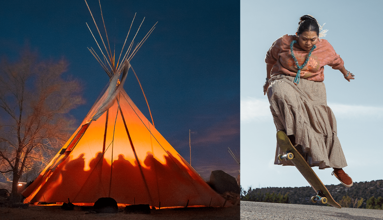 A teepee at night in Standing Rock, Naiomi Glasses does an ollie on a skateboard