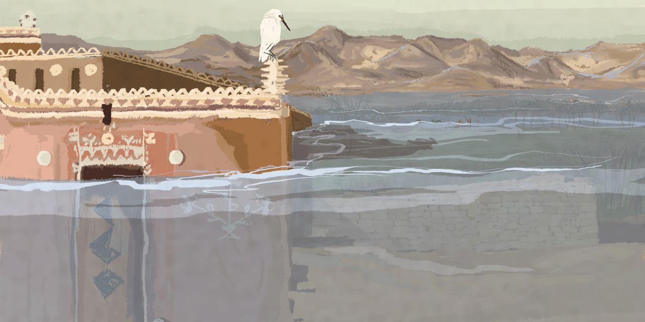  Illustration of the Nubian village flooded by the Nile River. The top of the building painted in the previous image is visible above the water.  