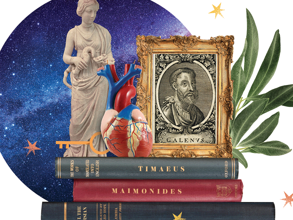 Collage illustration of a galaxy with classic books - Timaeus by Plato, Maimonides, and Paul the Persian, as well as a Roman statue, a model of a human heart, and a portrait of Galen.