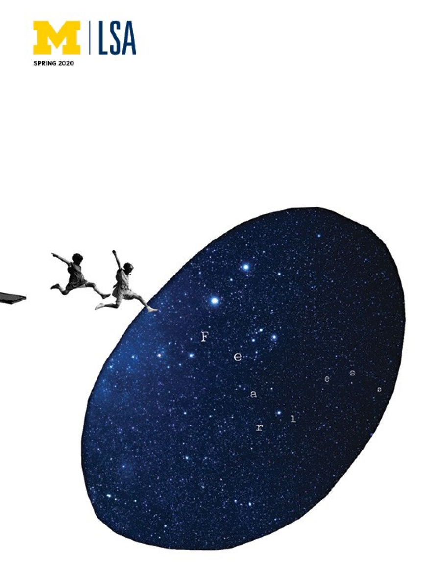 Illustration of people jumping off diving board and into a star scape
