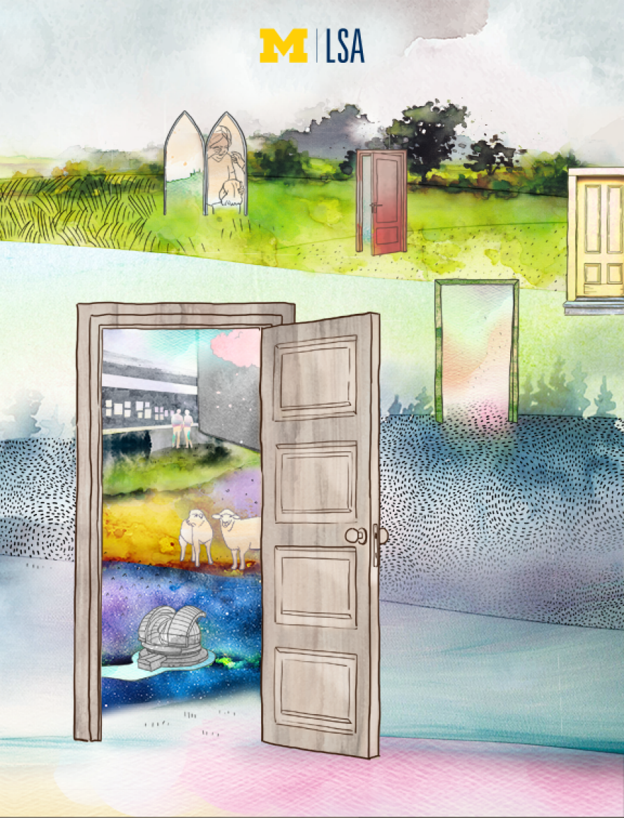 An illustration includes multiple doorways and a double-paneled church-style window. One door opens to a drawing of the Extremely Large Telescope, two sheep, and the silhouettes of people viewing an art exhibit on a wall; some doors are closed; one door is slightly ajar; some doors open to nothing; and a window panel reveals a drawing of a mother and child hugging, the mother wiping away her own tears. The color palette is surreal and dreamy, with watercolor shades of blue, purple, pink, and green.