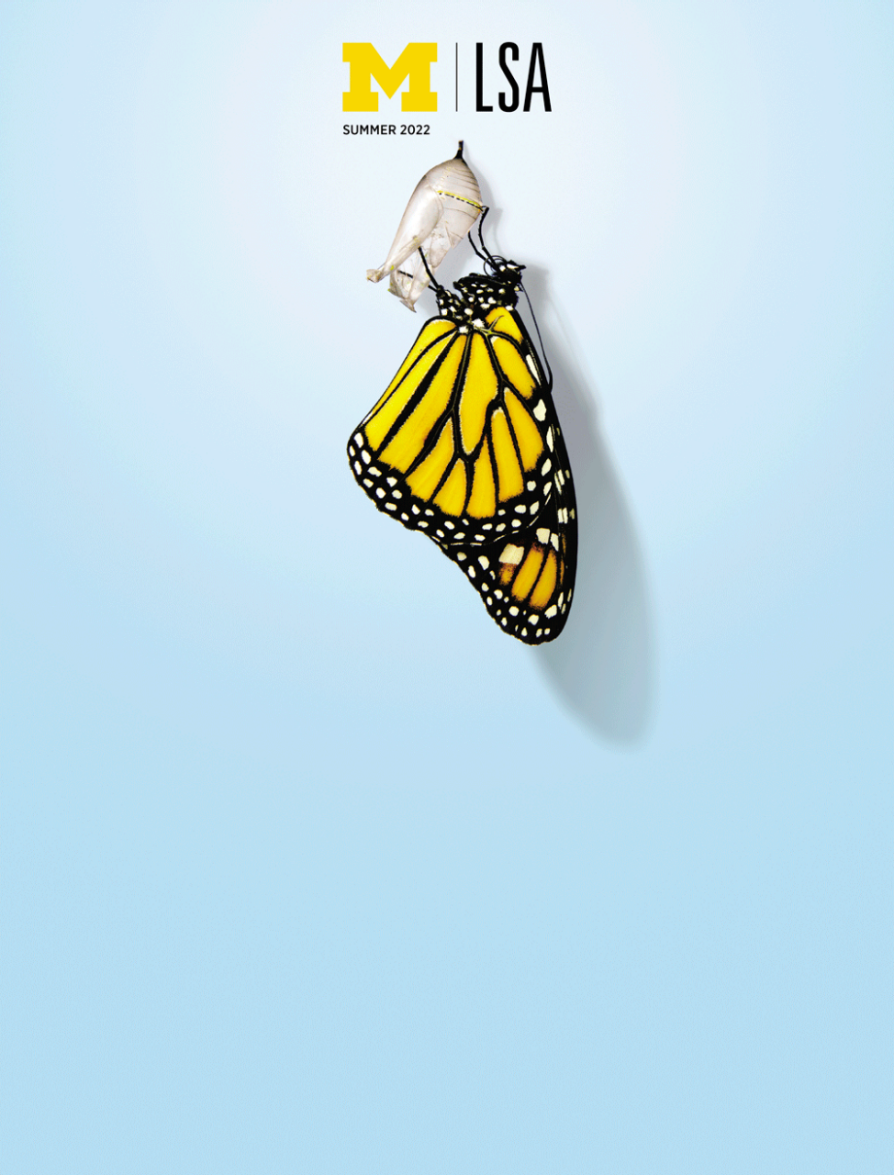 A photo illustration of a butterfly emerging from a chrysalis.