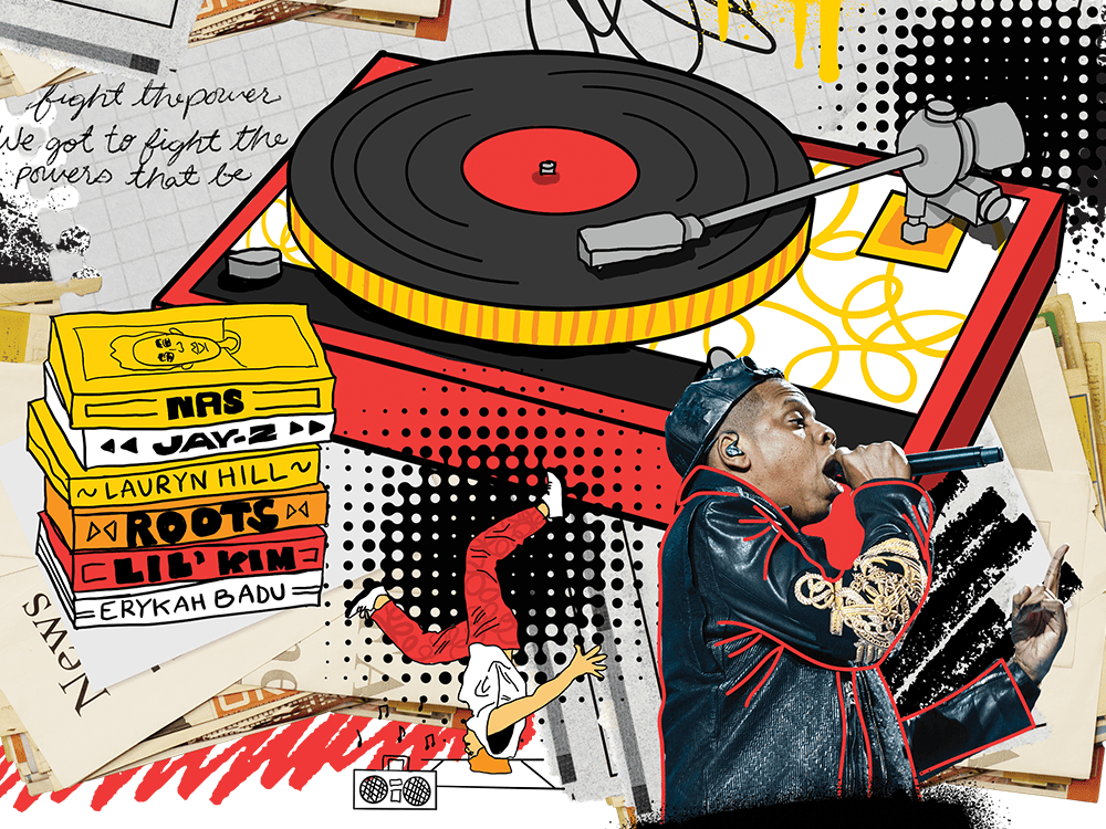 A colorful collage of illustrations and photos includes a turntable, a photo of Jay-Z, a breakdancer, and a stack of cassette tapes. 