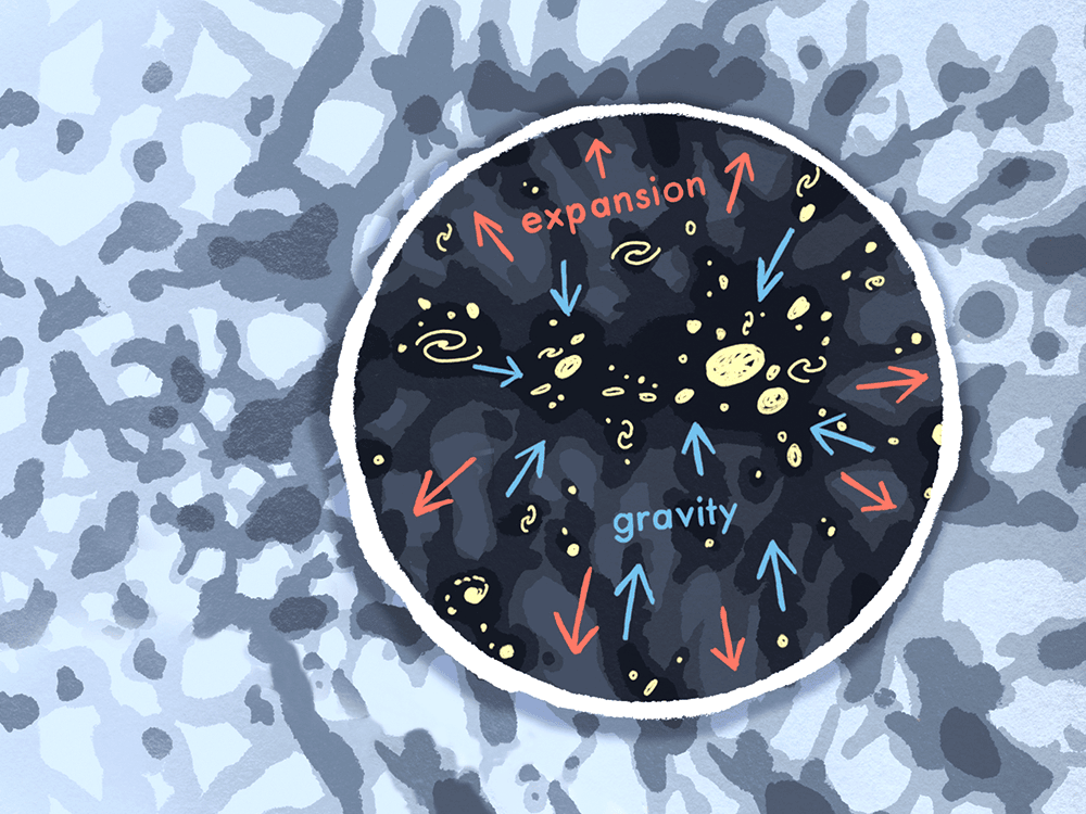 An illustration features a circle with red arrows pointing outward, labeled “expansion.” Blue arrows point inward towards the structures, labeled “gravity.” 