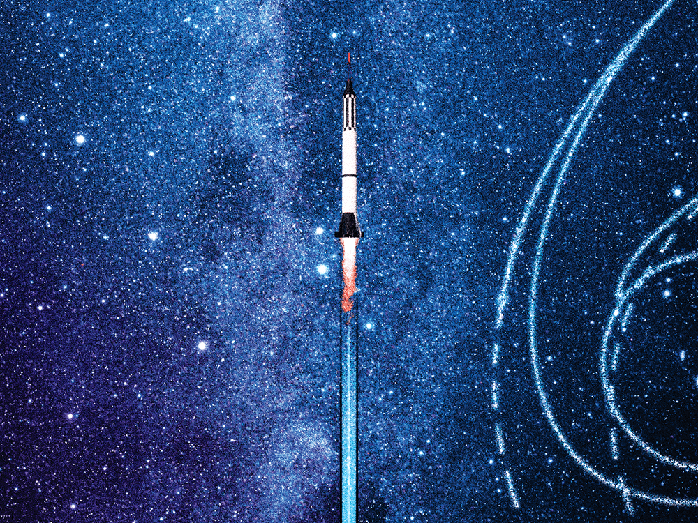 In an illustration, a rocket shoots straight up into space against the backdrop of a dark blue sky and stars. To the right of the rocket are several light blue curved lines.